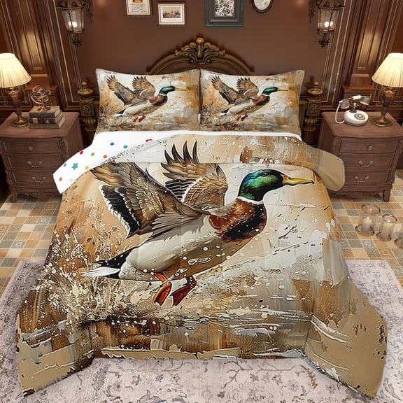 Castle Fairy Teens Adults Mallard Duck Full Size Comforter Sets 3-Piece,Rustic Animal Bedding Comforter Set,Abstract Watercolor Lightweight Bedding Sets,Breathable Home Decor,Reversible