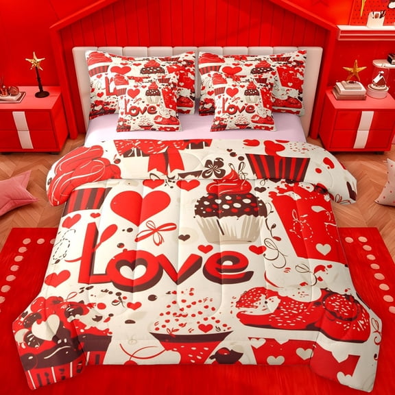 Castle Fairy Teens Adults Red Love Heart Print Bedding Comforter Set 7 Pieces,Romantic Lover Couple Full Bedding Set Lightweight,Romantic Valentine's Day Fitted Sheet Flat Sheet