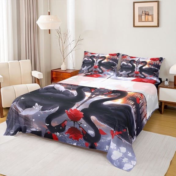 Castle Fairy Teens Adults Romantic Black Swan 4pcs Bed Sheets,Paris Eiffel Tower King Sheets,Valentine's Day Rose Super Cozy Sheet Set,Breathable Home Decor