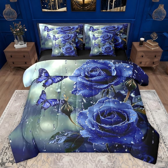 Castle Fairy Teens Adults Romantic Flower Rose Bedding Comforter Set 7-Piece,Blue Butterflies King Bedding Sets,Chic Floral Blossoms Ultra Soft Bed Sheets,Microfiber Bedroom Decor,Reversible