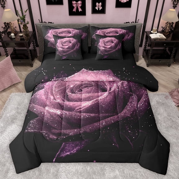 Castle Fairy Teens Adults Romantic Flower Rose Bedding Comforter Set 7-Piece,Chic Floral Blossoms King Bedding Sets,Bling Glitter Ultra Soft Bed Sheets,Microfiber Bedroom Decor,Reversible