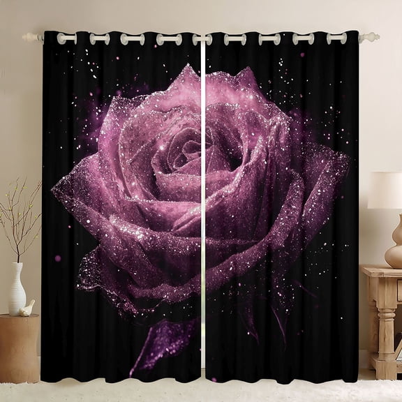 Castle Fairy Teens Adults Romantic Flower Rose Black Out Curtains,Chic Floral Blossoms Curtains Pack of 2 (42x63 Each),Bling Glitter Bedroom Curtains,Microfiber Bedroom Decor
