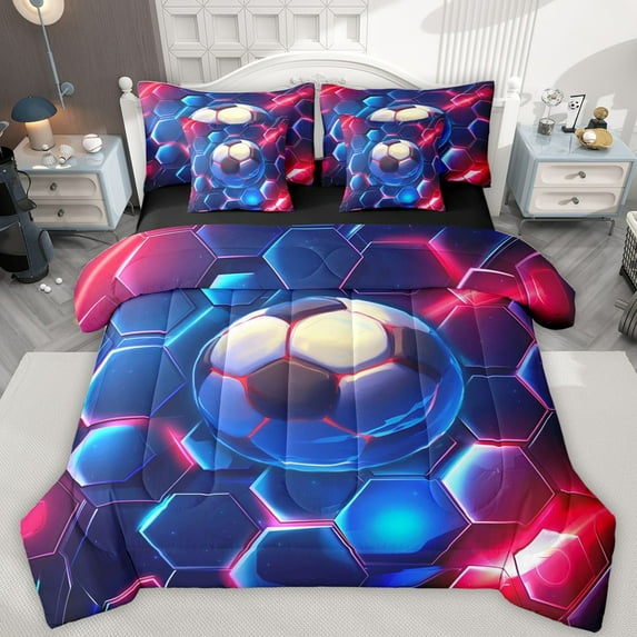 Castle Fairy Teens Adults Soccer Gamer Twin Bedding Sets 7-Piece,Geometric Honeycomb Bedding Comforter Set Microfiber,Abstract Gradient Breathable Sheet Sets,Breathable Home Decor,Reversible