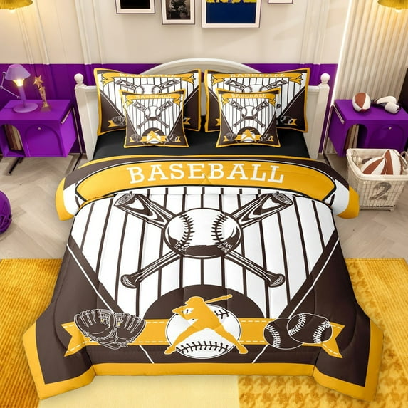 Castle Fairy Teens Adults Sport Baseball Bedding Comforter Set 7 Pieces,Geometric Stripes Full Bedding Set Lightweight,Ball Gamer Fitted Sheet Flat Sheet,Super Cozy Room Decor,Reversible