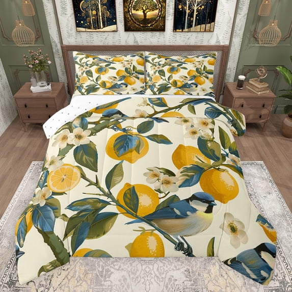 Castle Fairy Teens Adults Tropical Yellow Lemon Bedding Comforter Set 2pcs,Animal Birds Twin Comforter Sets Microfiber,Vintage Floral Fruit Breathable Bedding Set,Breathable Home Decor,Reversible