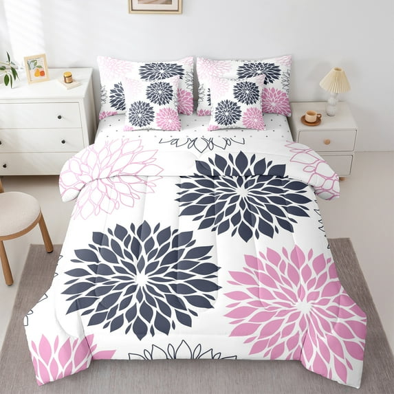 Castle Fairy Teens Adults Vintage Flower Twin Bedding Sets 7-Piece,Chic Floral Blossoms Bedding Comforter Set Microfiber,Black Pink White Breathable Sheet Sets,Ultra Soft Home Decor,Reversible