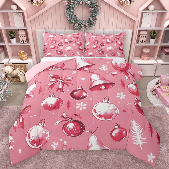 Castle Fairy Teens Adults Xmas Bell 3 Pieces Queen Comforter Set,Kawaii Pink Ribbon Bow Ultra Soft Bedding Sets,Happy Xmas Christmas Bedding Comforter Set Breathable,Microfiber Bedroom Decor
