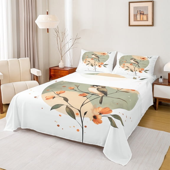 Castle Fairy Teens Animal Bird 4-Piece Full Size Sheets,Chic Flower Bed Sheets,Tree Branches Lightweight Sheet Sets,Lightweight Room Decor
