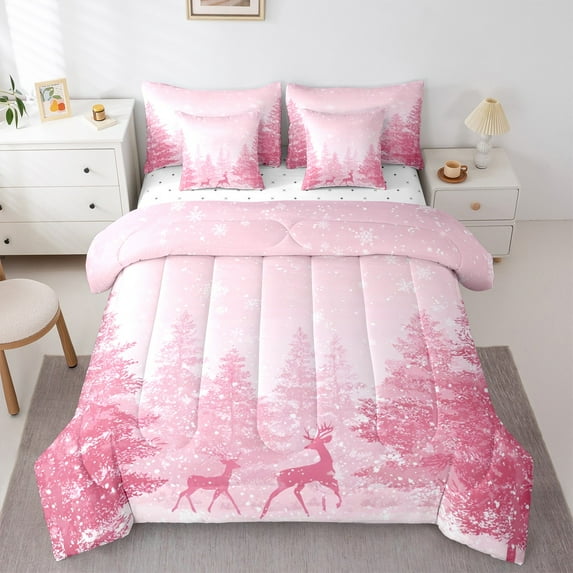 Castle Fairy Teens Animal Deer 7 Pieces Bedding Comforter Set,Merry Christmas Full Bedding Set Lightweight,Xmas Tree Fitted Sheet Flat Sheet,Ultra Soft Home Decor