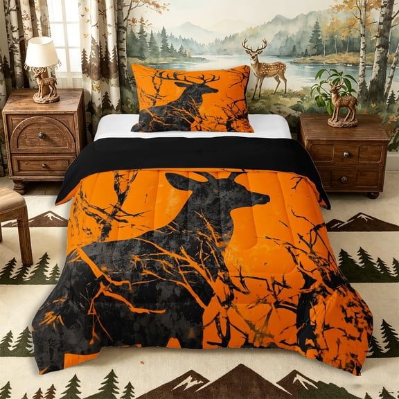 Castle Fairy Teens Animal Deer Twin Comforter Sets 2pcs,Watercolor Tree Branches Bedding Set,Orange Black,Black Reversible,1 Comforter and 1 Pillowcase