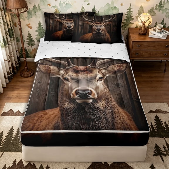 Castle Fairy Teens Animal Deer Zipper Twin Comforter Sets with Fitted Sheet and 2 Pillowcases,Rustic Dark Wooden Plank Zipper Bedding Set,Brown Dark Brown,Reversible,4-Piece