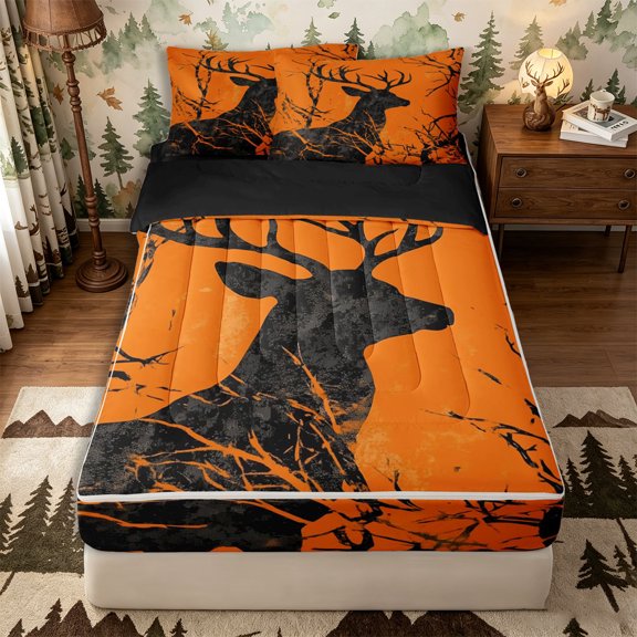 Castle Fairy Teens Animal Deer Zipper Twin Comforter Sets with Fitted Sheet and 2 Pillowcases,Watercolor Tree Branches Zipper Bedding Set,Orange Black,Black Reversible,4-Piece