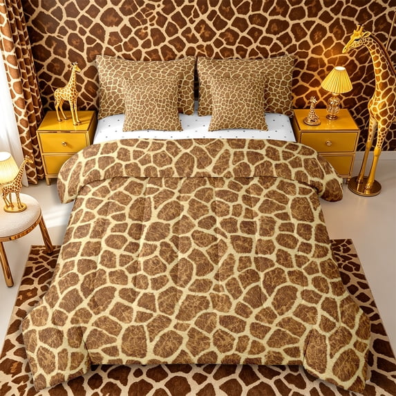 Castle Fairy Teens Animal Giraffe Print 7-Piece Twin Bedding,Wildlife Spot Bedding Comforter Set,Rust Coffee,Reversible
