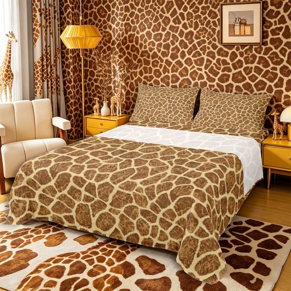 Castle Fairy Teens Animal Giraffe Print Bed Sheets 4-Piece,Wildlife Spot Full Size Sheets,Rust Coffee,1 Fitted Sheet, 1 Flat Sheet and 2 Pillowcases