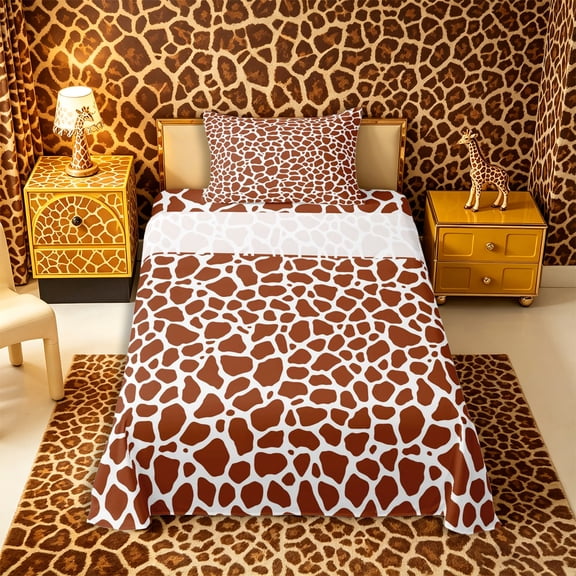 Castle Fairy Teens Animal Giraffe Spot Print Twin Sheets 3pcs,Abstract Wildlife Stripes Bedding,Brown White,1 Fitted Sheet, 1 Flat Sheet and 1 Pillowcase