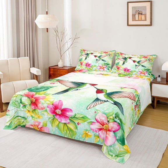 Castle Fairy Teens Animal Green Hummingbird Twin Sheet Sets,Pink Floral Flowers Bedding
