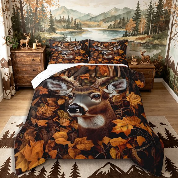 Castle Fairy Teens Autumn Whitetail Deer Queen Comforter Set 3 Pieces,Fall Maple Leaf Forest Comforter Sets Queen,Orange Brown Yellow,Reversible,1 Comforter and 2 Pillowcases