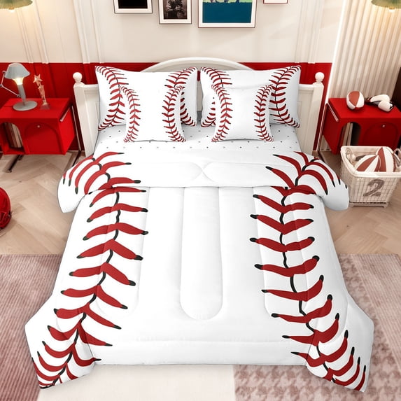 Castle Fairy Teens Baseball Gamer Bedding Comforter Set 7 Pieces,Sport Theme Full Bedding Set Lightweight,Red White Fitted Sheet Flat Sheet,Luxury Bedroom Decor,Reversible