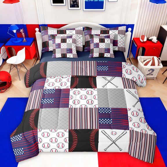 Castle Fairy Teens Baseball Gamer Bedding Comforter Set,Geometric Plaid King Bedding Sets