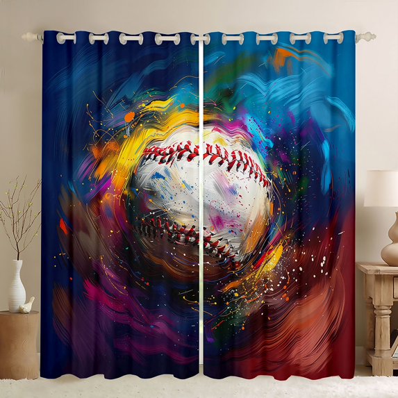 Castle Fairy Teens Baseball Gamer Blackout Curtains Set of 2 (52x84 Each),Graffiti Splash Ball Game Window Curtains,Gradient Sport Theme Curtains and Drapes,Breathable Home Decor