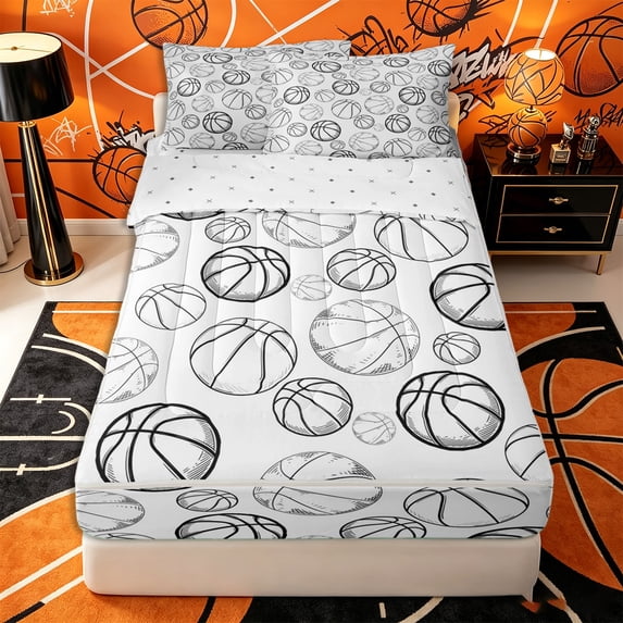 Castle Fairy Teens Basketball Print Zipper Twin Comforter Sets with Fitted Sheet and 2 Pillowcases, Sport Theme Zipper Bedding Set, White Black,4-Piece