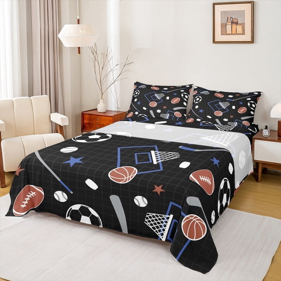 Castle Fairy Teens Basketball Soccer Football 3pcs Twin Sheet Sets,Geometric Plaid Twin Fitted Sheet,Sport Gamer Breathable Flat Sheet,Microfiber Bedroom Decor