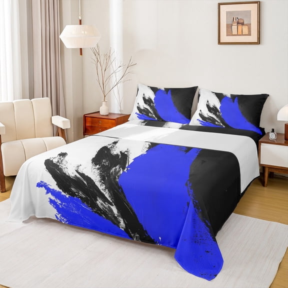 Castle Fairy Teens Black Blue Splash Twin Sheet Sets 3pcs,Abstract Watercolor Twin Fitted Sheet Microfiber,Vintage Aesthetic Breathable Flat Sheet,Breathable Home Decor