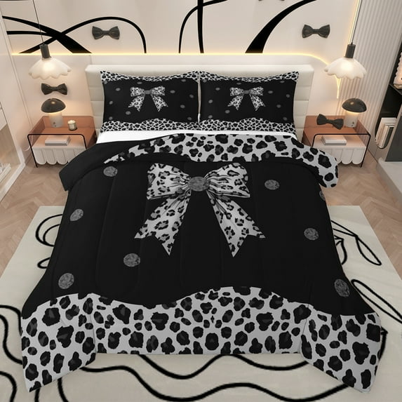 Castle Fairy Teens Black Grey Bow-Tie Bedding Comforter Set 2pcs,Animal Leopard Cheetah Print Twin Comforter Sets Microfiber,Old Fashion Dreamy Princess Breathable Bedding Set