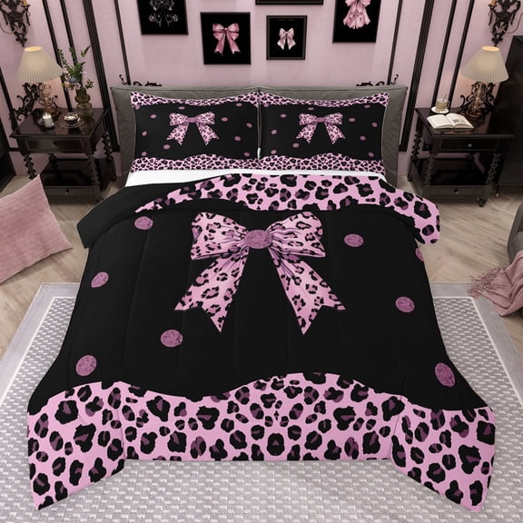 Castle Fairy Teens Black Pink Bow-Tie Bedding Comforter Set 2pcs,Animal Leopard Cheetah Print Twin Comforter Sets Microfiber,Old Fashion Dreamy Princess Breathable Bedding Set