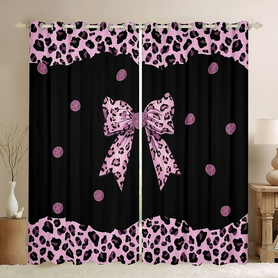 Castle Fairy Teens Black Pink Bow-Tie Black Out Curtains,Animal Leopard Cheetah Print Curtains Pack of 2 (42x63 Each),Old Fashion Dreamy Princess Bedroom Curtains,Microfiber Bedroom Decor