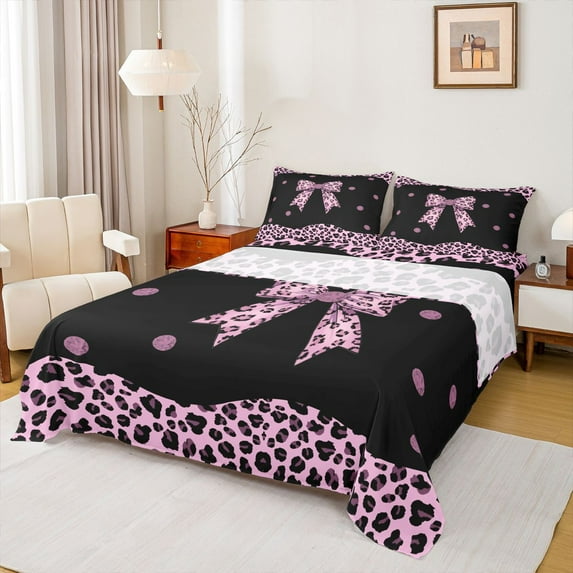 Castle Fairy Teens Black Pink Bow-Tie Full Size Sheets 4-Piece,Animal Leopard Cheetah Print Breathable Bed Sheets,Old Fashion Dreamy Princess Lightweight Sheet Sets,Microfiber Bedroom Decor
