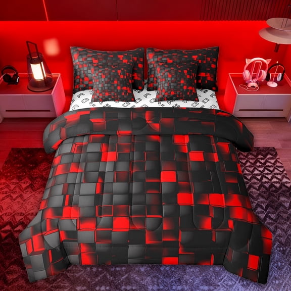 Castle Fairy Teens Black Red Grid Bedding Comforter Set,Plaid Checkered King Bedding Sets