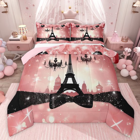 Castle Fairy Teens Bling Ribbon Bow Twin Comforter Sets,Romantic Eiffel Tower Bedding Set