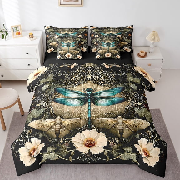Castle Fairy Teens Blue Dragonfly Moth Bedding Comforter Set,Floral Daisy Full Bedding Set