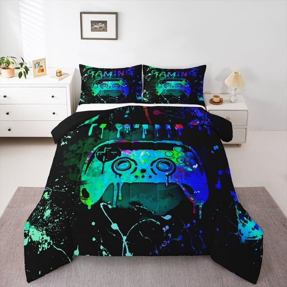 Castle Fairy Teens Blue Teal Gamepads Twin Comforter Sets,Abstract Graffiti Bedding Set
