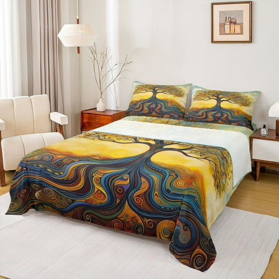 Castle Fairy Teens Boho Tree Of Life 4 Pieces Queen Sheet Sets,Hippie Abstract Stripes Ultra Soft Flat Sheet,Bohemian Exotic Style Queen Fitted Sheet,Luxury Bedroom Decor