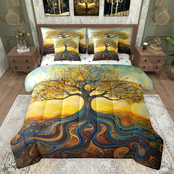 Castle Fairy Teens Boho Tree Of Life Bedding Comforter Set 7pcs,Hippie Abstract Stripes Queen Bedding Sets Super Cozy,Bohemian Exotic Style Queen Sheet Sets,Luxury Bedroom Decor,Reversible