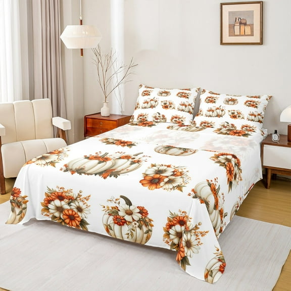 Castle Fairy Teens Botanical Pumpkin 3pcs Twin Sheet Sets,Chic Flower Twin Fitted Sheet,Autumn Harvest Breathable Flat Sheet,Lightweight Room Decor