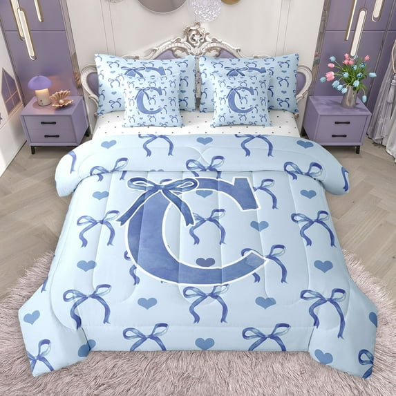 Castle Fairy Teens Bow Knot Personalized Initial C 7 Pieces Bedding Comforter Set,Dreamy Princess Full Bedding Set Lightweight,Love Heart Print Fitted Sheet Flat Sheet,Breathable Home Decor