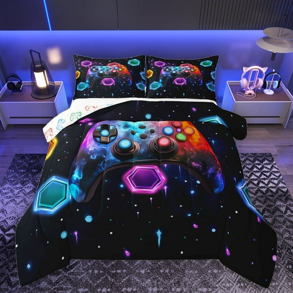 Castle Fairy Teens Boys Abstract Gradient Gamepads Bedding Comforter Set 2pcs,Video Game Twin Comforter Sets Microfiber,Galaxy Geometric Honeycomb Breathable Bedding Set,Lightweight Room Decor