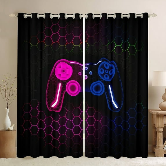 Castle Fairy Teens Boys Abstract Hexagon Gamepads Blackout Curtains Set of 2 (52x84 Each),Video Game Window Curtains,Geometric Honeycomb Curtains and Drapes,Lightweight Room Decor