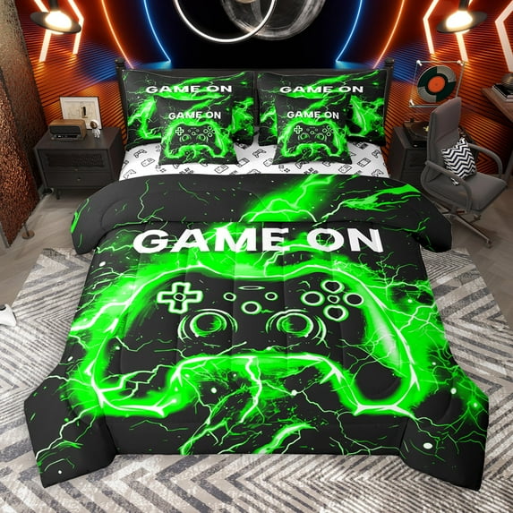 Castle Fairy Teens Boys Girls Black Green Gamepads 7Pcs Bedding Comforter Set,Video Game Queen Bedding Sets Super Cozy,Abstract Lightning Queen Sheet Sets,Microfiber Bedroom Decor