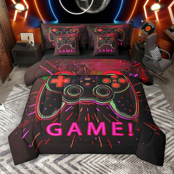 Castle Fairy Teens Boys Girls Black Red Gamepads 7-Piece Bedding Comforter Set,Video Game King Bedding Sets,Abstract Splash Ultra Soft Bed Sheets,Microfiber Bedroom Decor