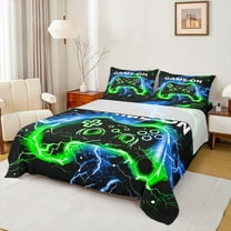 Castle Fairy Teens Boys Girls Blue Green Gamepads 3Pcs Twin Sheet Sets,Video Game Twin Fitted Sheet,Abstract Lightning Breathable Flat Sheet,Microfiber Bedroom Decor