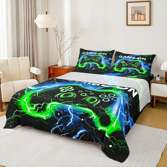 Castle Fairy Teens Boys Girls Blue Green Gamepads 3Pcs Twin Sheet Sets,Video Game Twin Fitted Sheet,Abstract Lightning Breathable Flat Sheet,Microfiber Bedroom Decor