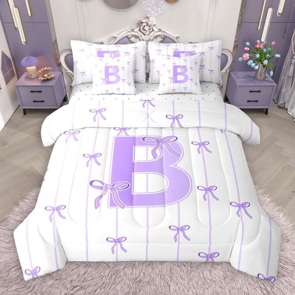 Castle Fairy Teens Boys Girls Bowknot Personalized Initial B 7-Piece Bedding Comforter Set,Purple Geometric Stripes King Bedding Sets,Dreamy Princess Ultra Soft Bed Sheets,Microfiber Bedroom Decor