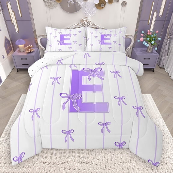 Castle Fairy Teens Boys Girls Bowknot Personalized Initial E 2Pcs Bedding Comforter Set,Purple Geometric Stripes Twin Comforter Sets,Dreamy Princess Breathable Bedding Set,Microfiber Bedroom Decor