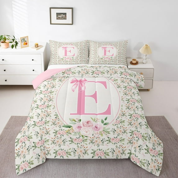 Castle Fairy Teens Boys Girls Bowknot Personalized Initial E 3-Piece Full Size Comforter Sets,Chic Flower Rose Bedding Comforter Set,Dreamy Princess Lightweight Bedding Sets