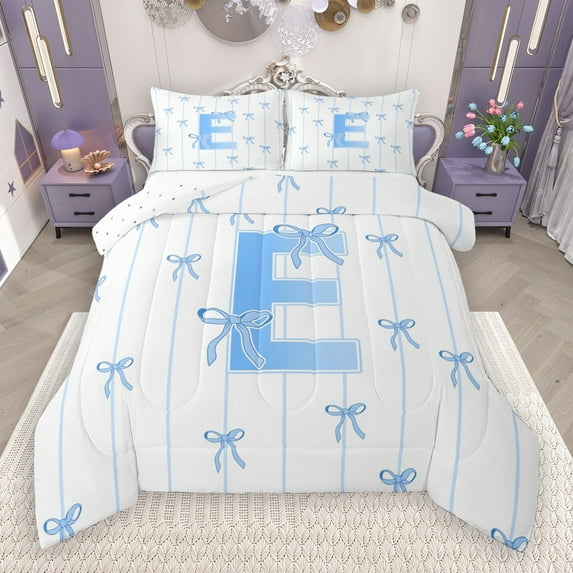 Castle Fairy Teens Boys Girls Bowknot Personalized Initial E 3 Pieces Queen Comforter Set,Blue Geometric Stripes Ultra Soft Bedding Sets,Dreamy Princess Bedding Comforter Set