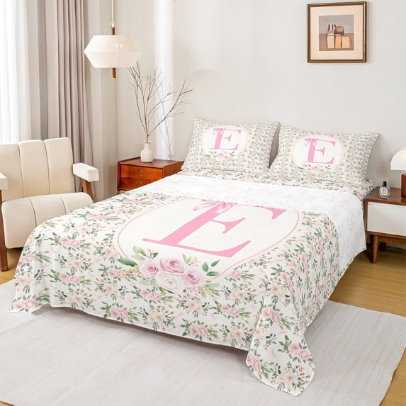 Castle Fairy Teens Boys Girls Bowknot Personalized Initial E 4 Pieces Queen Sheet Sets,Chic Flower Rose Ultra Soft Flat Sheet,Dreamy Princess Queen Fitted Sheet,Microfiber Bedroom Decor